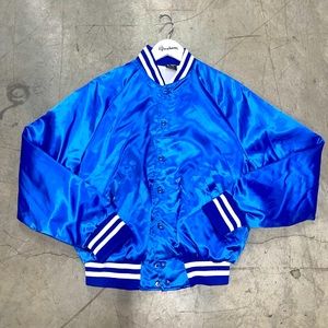 vtg BOMBER JACKET Satin ARISTO JAC Blue SATIN 80s RETRO MADE in USA Large M